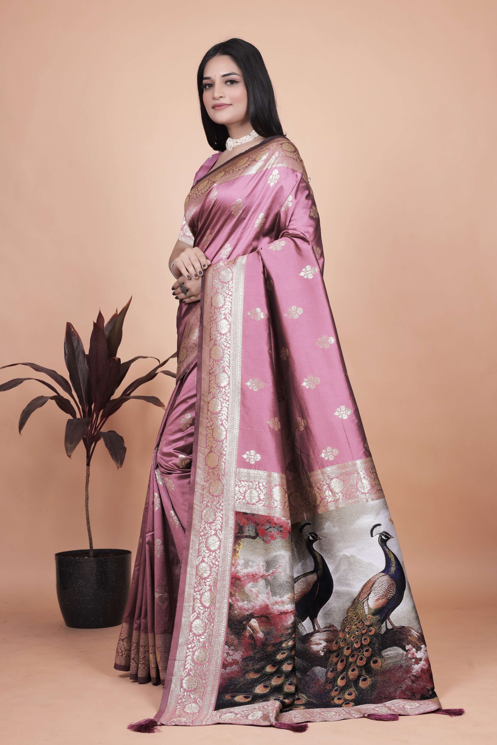 Rosewood Pink Banarasi Silk Saree with Golden Zari & Peacock Pallu | Wedding, Festive & Traditional Wear