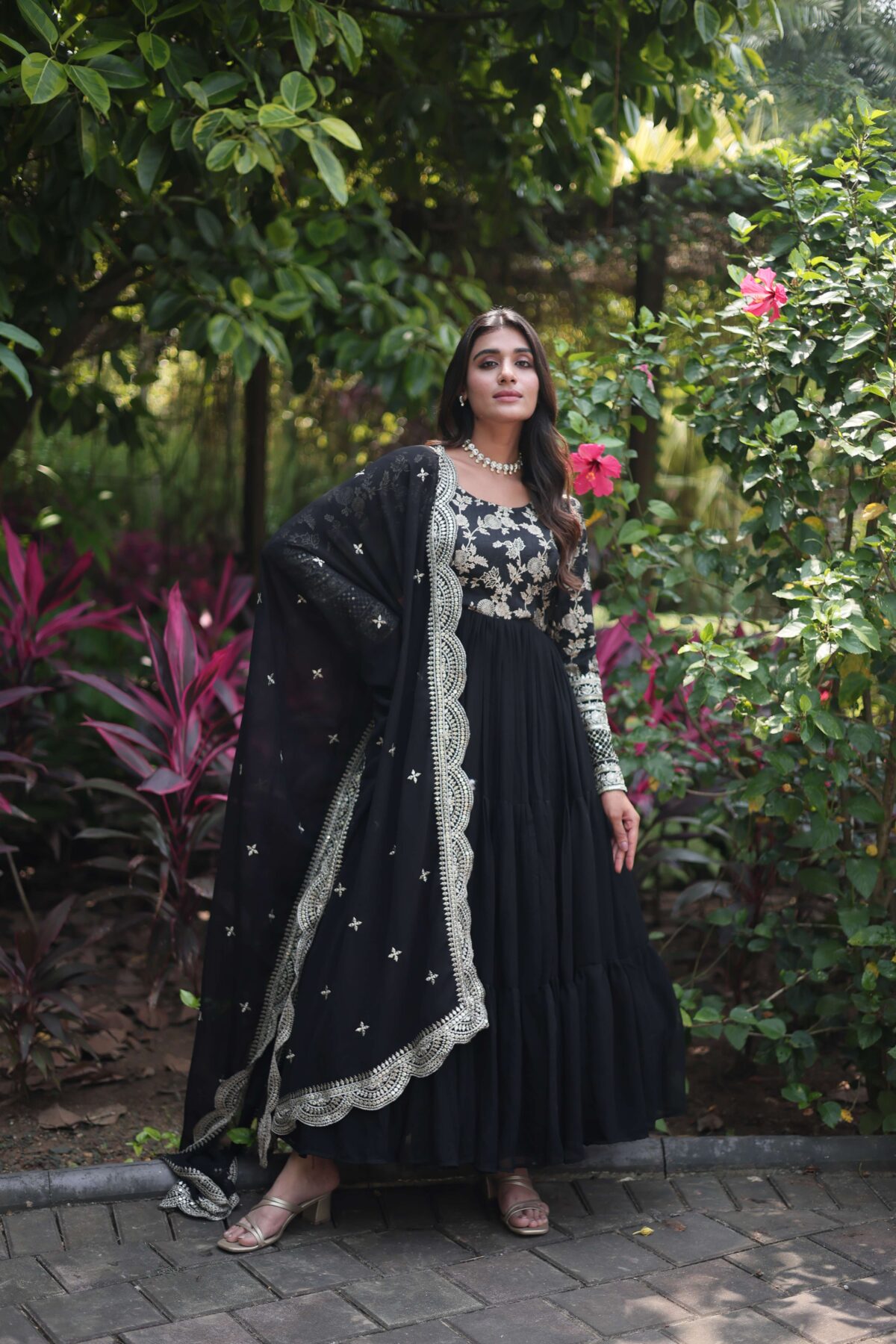 Black Faux Blooming Designer Gown with Sequined Dupatta ? Fully Flared Ready-to-Wear Set - Image 5