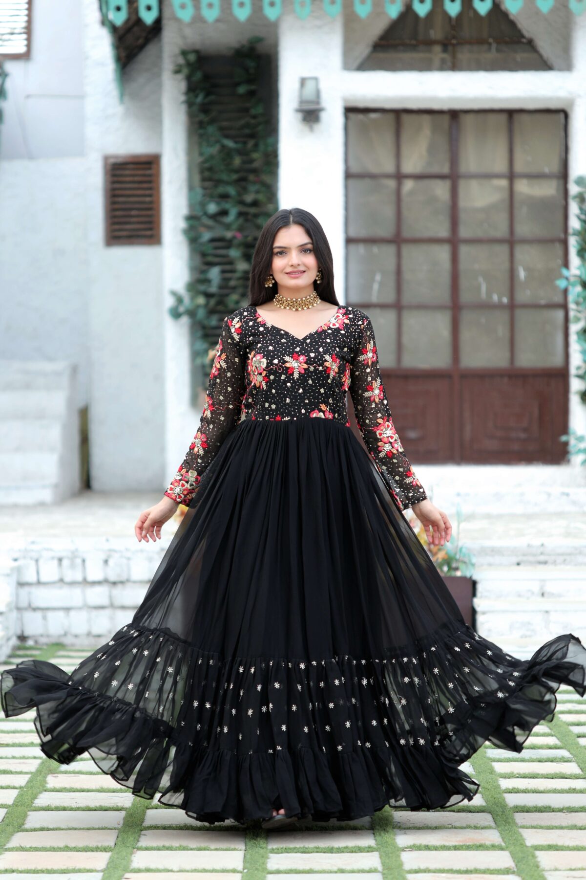 Black Faux Blooming Designer Gown with Multi-Thread Embroidery & Sequins ? Premium Ready-to-Wear Dress - Image 5