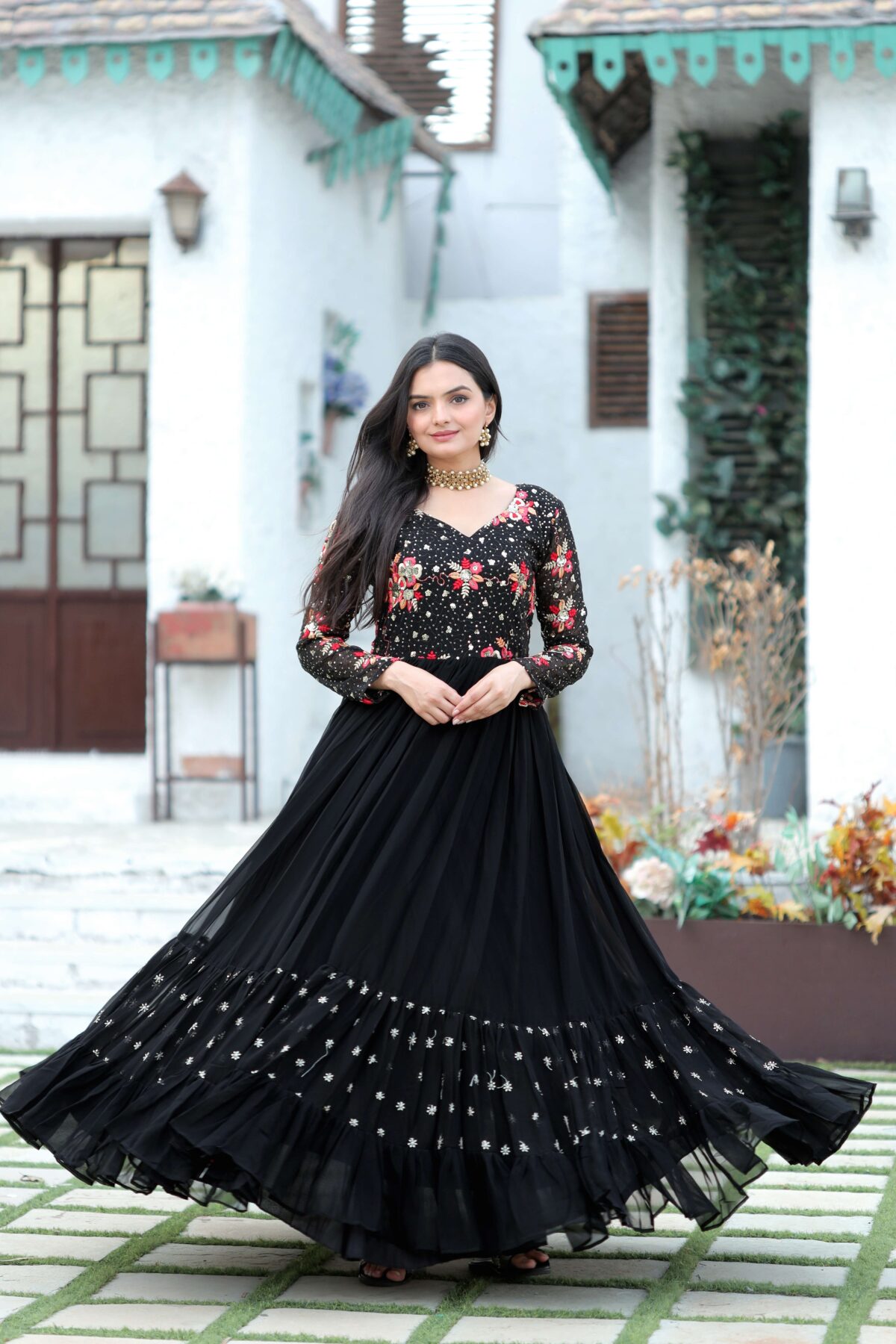 Black Faux Blooming Designer Gown with Multi-Thread Embroidery & Sequins ? Premium Ready-to-Wear Dress - Image 3