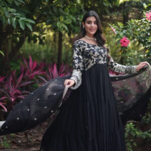 Black Faux Blooming Designer Gown with Sequined Dupatta ? Fully Flared Ready-to-Wear Set