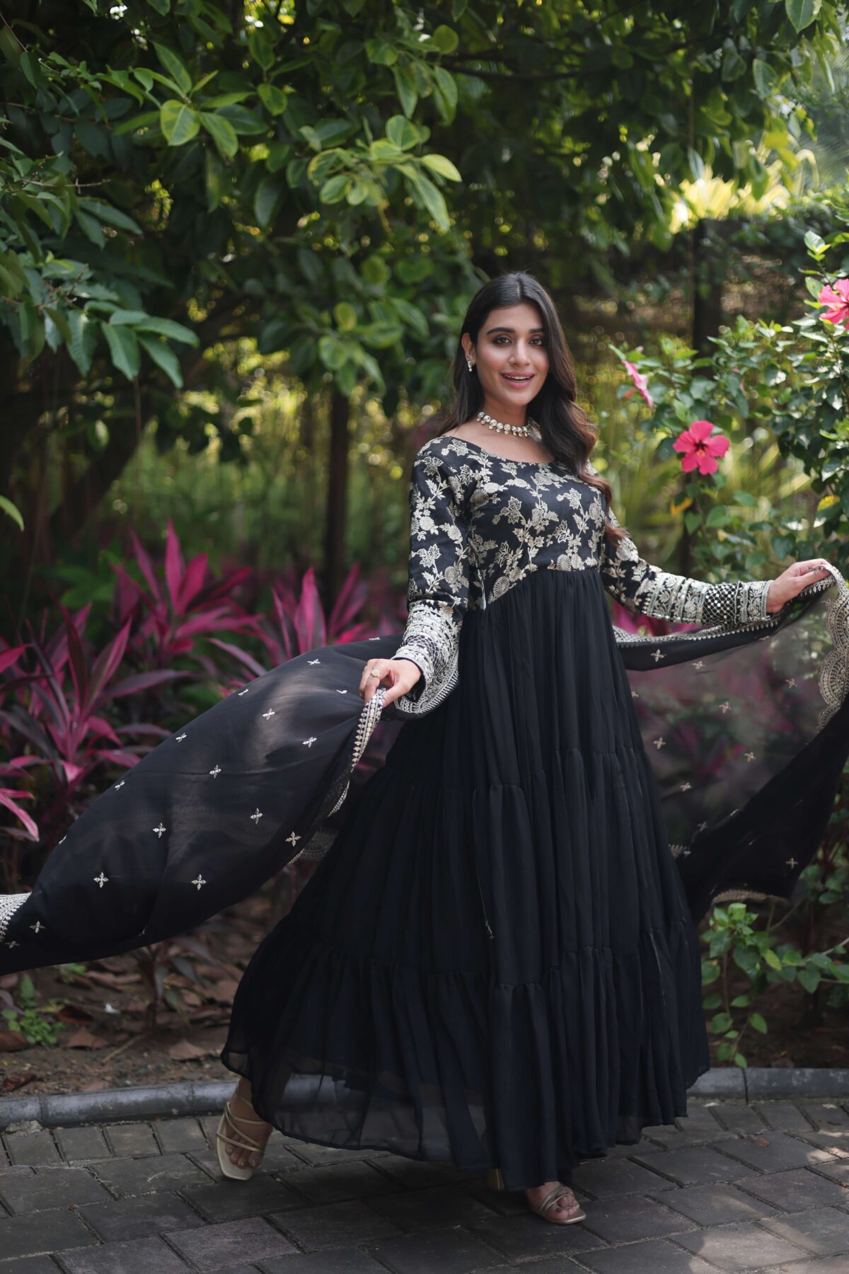 Black Faux Blooming Designer Gown with Sequined Dupatta ? Fully Flared Ready-to-Wear Set - Image 2
