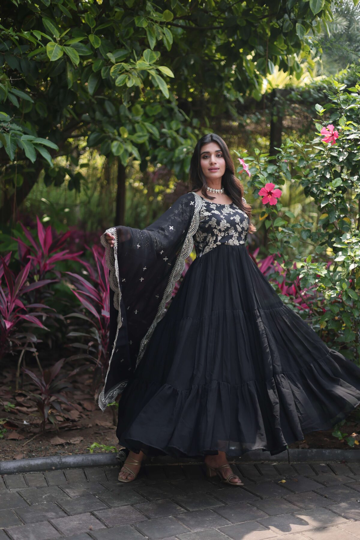 Black Faux Blooming Designer Gown with Sequined Dupatta ? Fully Flared Ready-to-Wear Set - Image 4
