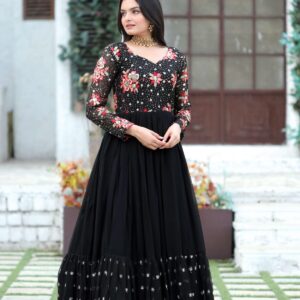 Black Faux Blooming Designer Gown with Multi-Thread Embroidery & Sequins ? Premium Ready-to-Wear Dress