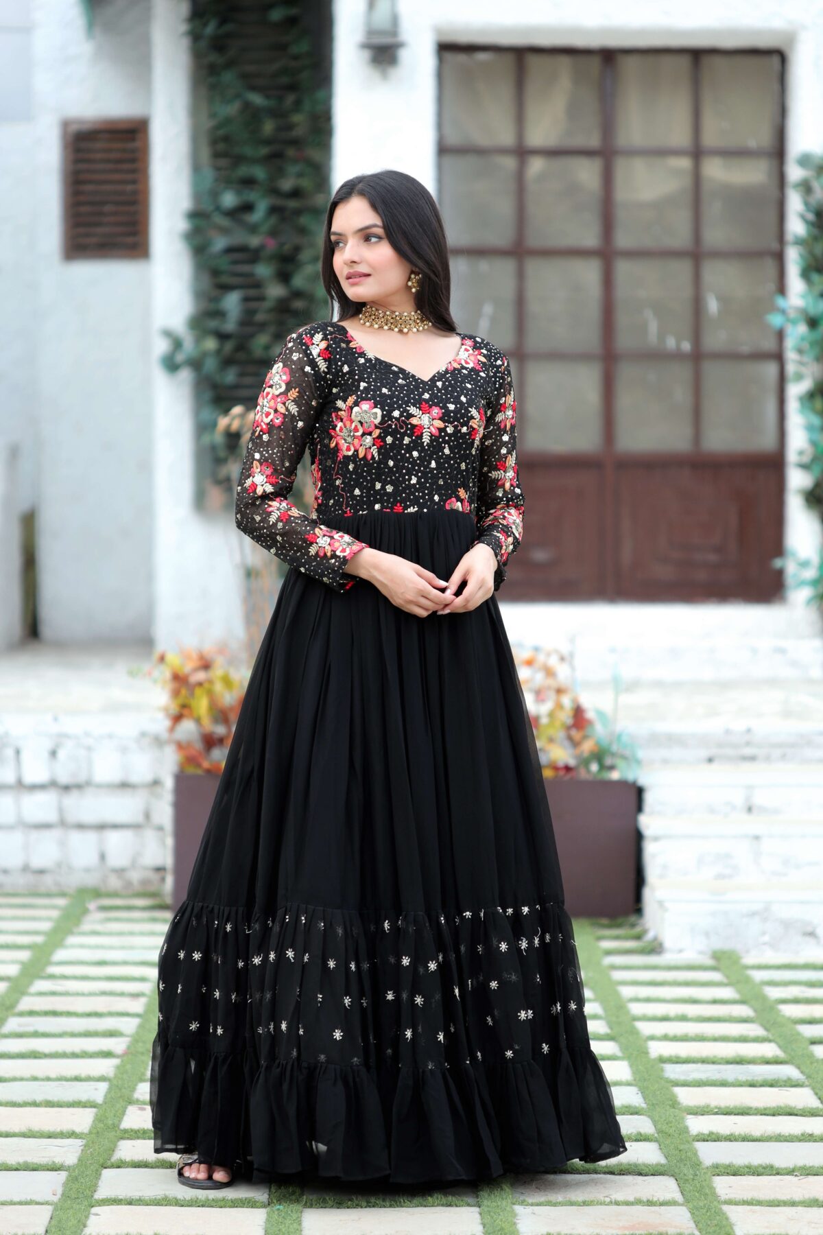 Black Faux Blooming Designer Gown with Multi-Thread Embroidery & Sequins ? Premium Ready-to-Wear Dress